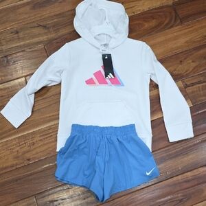 Adidas White Hoodie with Multicolor Logo and Blue Shorts